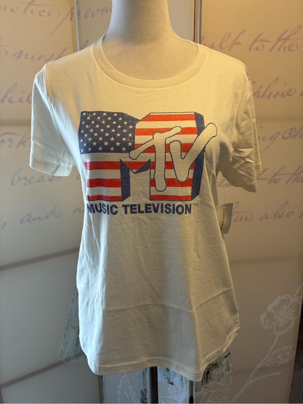 NWT Lucky Brand White MTV American Flag Graphic Tee